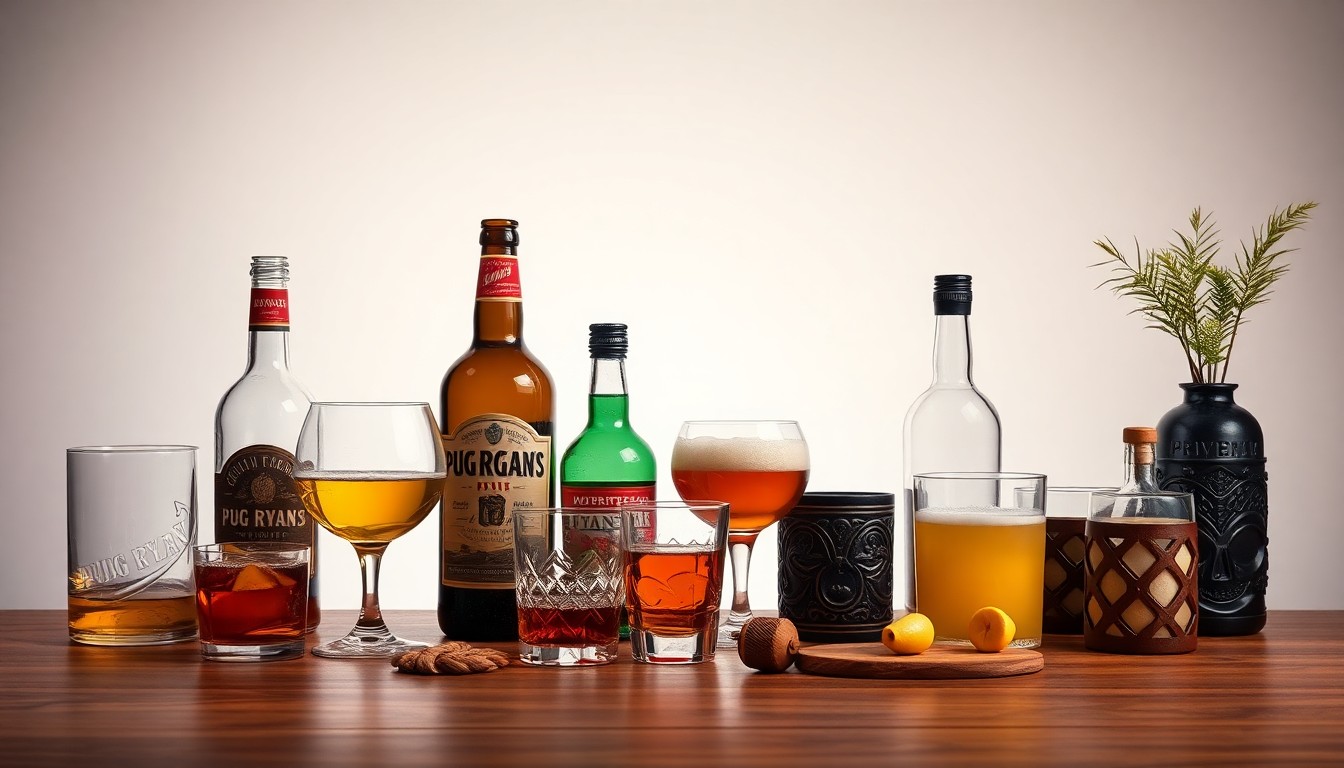 A high-end, photorealistic studio still-life photograph featuring a collection of premium glassware, bottles, and tiki-themed decor elements arranged elegantly on a clean, monochromatic seamless background, conceptually representing the transition from the closed Pug Ryan's brewery to the upcoming tiki bar in Dillon, Colorado.