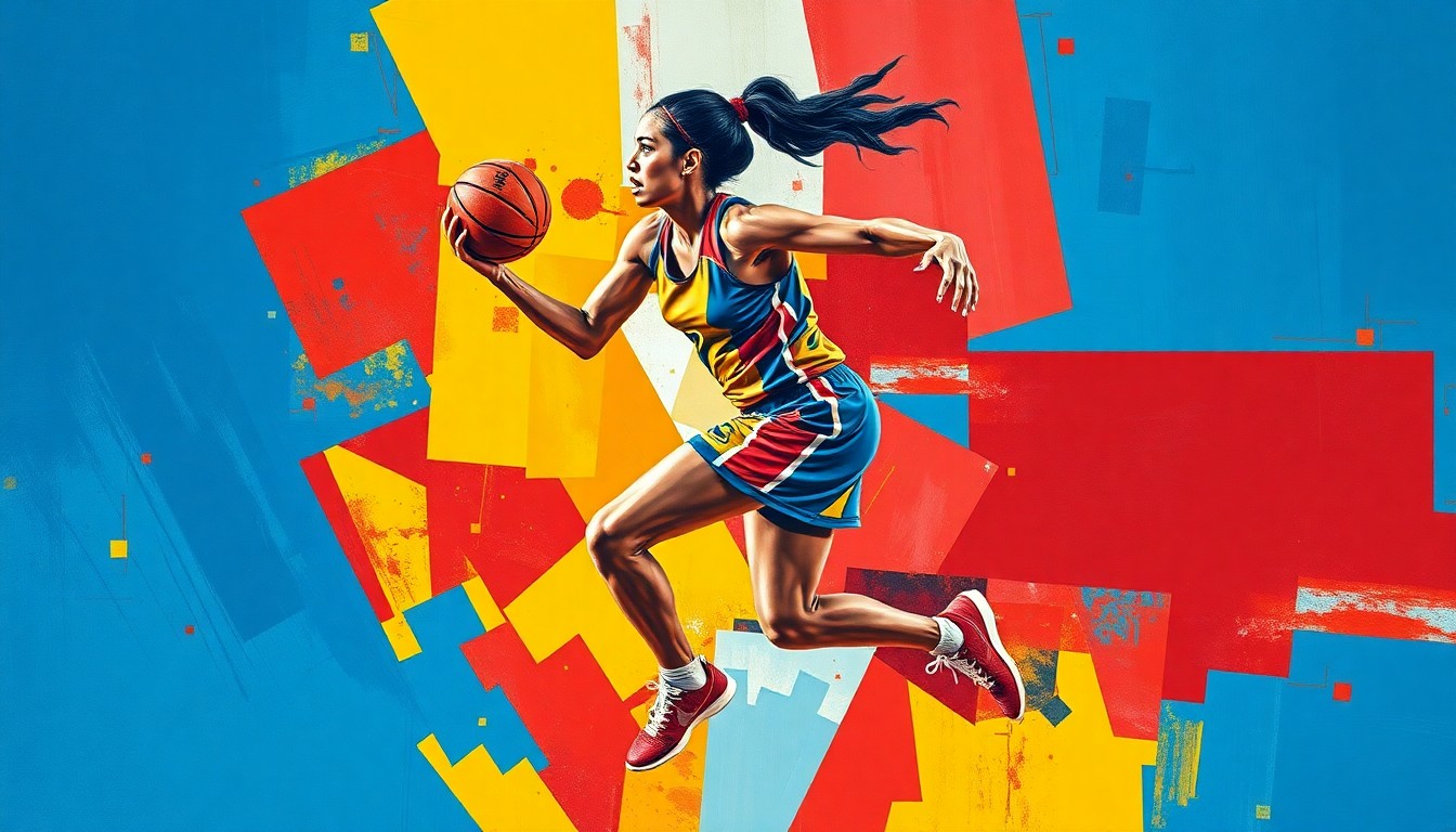 A fragmented, geometric painting depicting the dynamic movements of a women's basketball player, with sharp planes of color and overlapping perspectives.