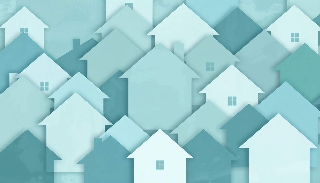 A fractured, abstract painting of a house icon repeated in overlapping geometric shapes and waves of muted blue, gray, and green colors, conveying the complex and contested nature of the Empty Homes Tax proposal.