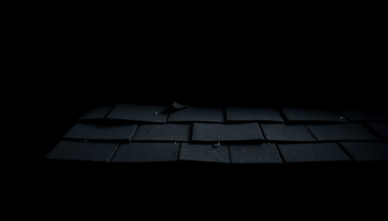 An extreme close-up photograph of a crumpled, water-damaged roofing shingle reflecting a harsh, direct camera flash, conceptually illustrating the vulnerability of homeowners to contractor fraud in the aftermath of natural disasters.