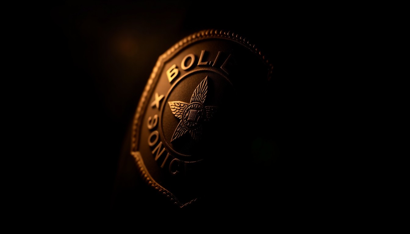 An extreme close-up photograph of a police badge or detention officer's uniform patch, lit dramatically by a harsh camera flash against a pitch-black background, conveying a somber, investigative mood.