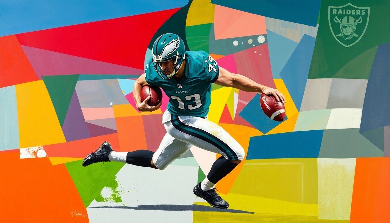 A fractured, geometric painting depicting a football player in mid-sack motion, with sharp planes of green, silver, and black representing the Philadelphia Eagles and Las Vegas Raiders uniforms.