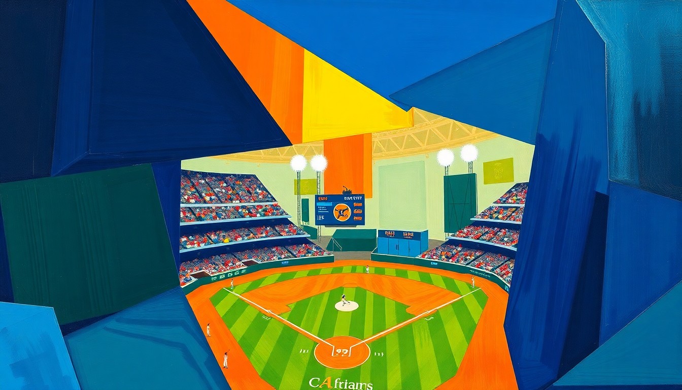 A fragmented, geometric painting in bold colors depicting various baseball actions and players in an abstract, cubist style.