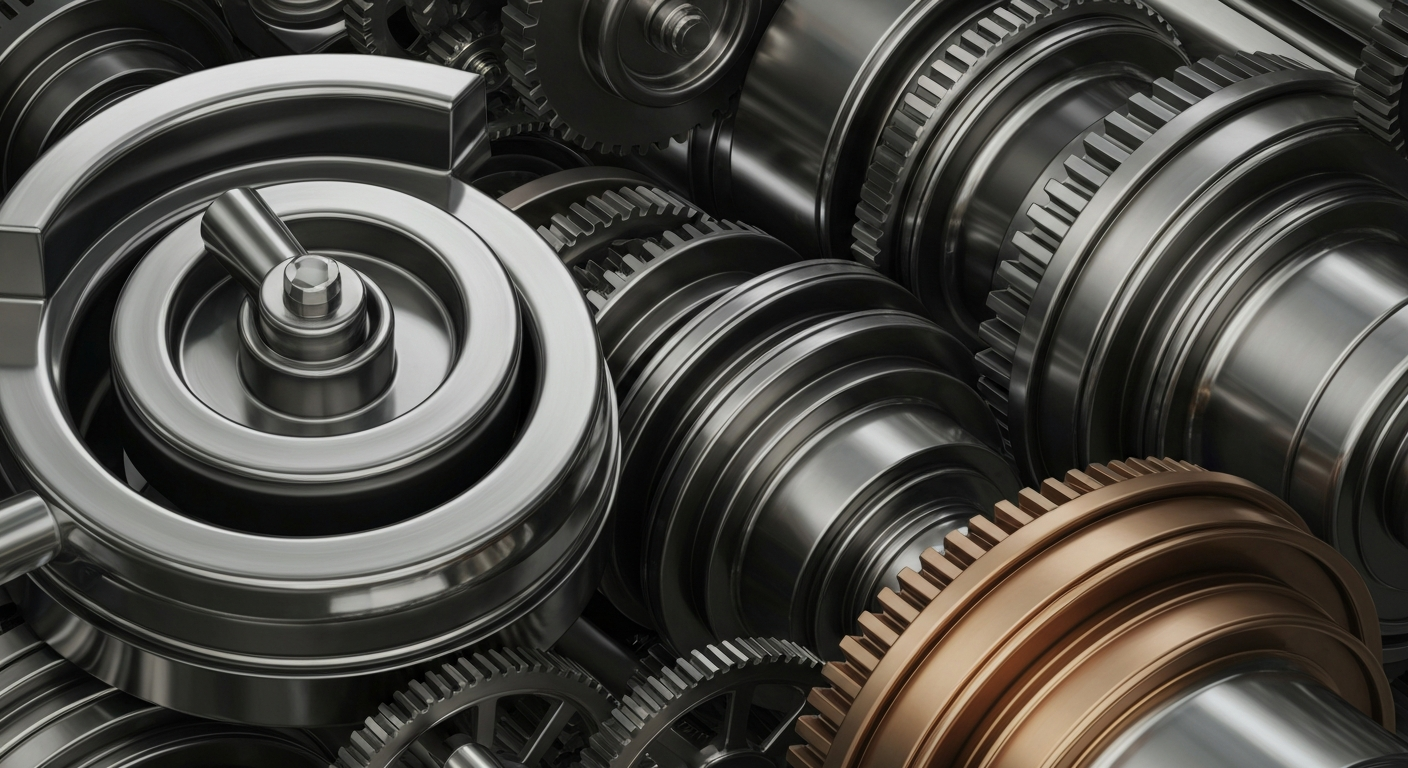 A highly detailed, cinematic close-up of heavy, industrial banking machinery and gears in shades of steel grey, bronze, and black, conveying a sense of institutional financial power and security.