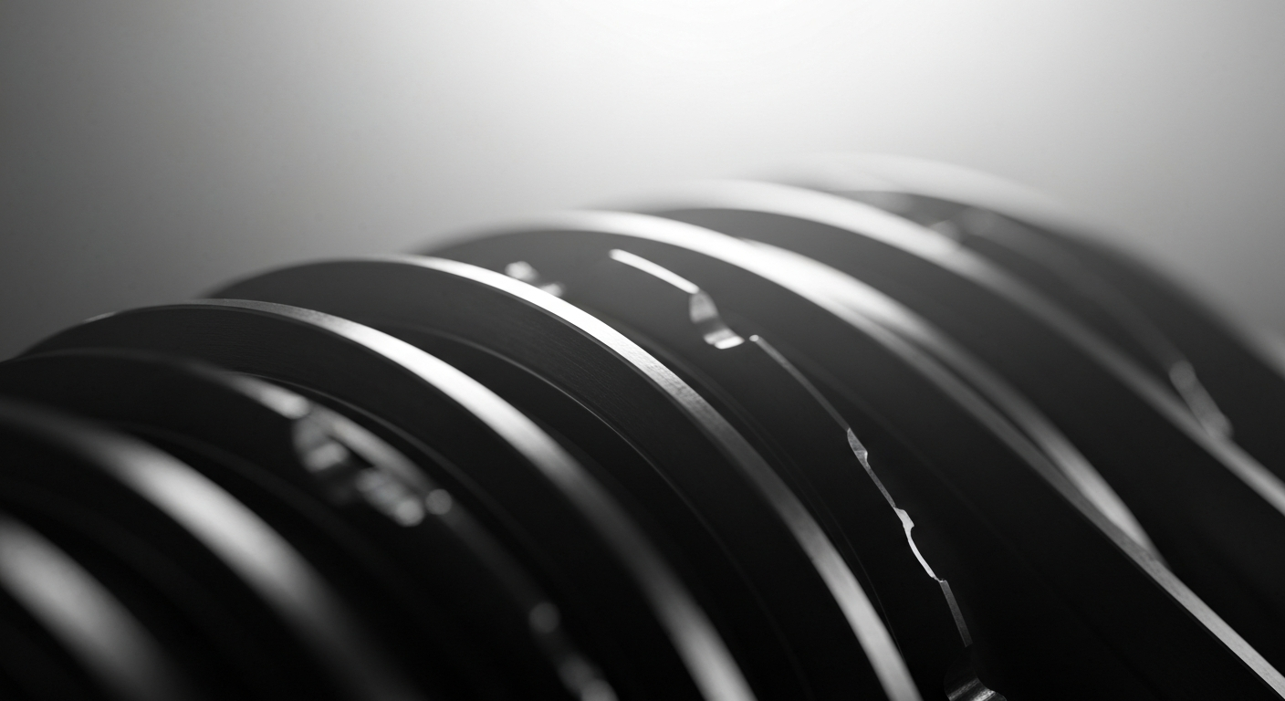 An extreme close-up of complex industrial equipment and components, conveying the scale and complexity of the manufacturing processes that underpin the basic materials sector.