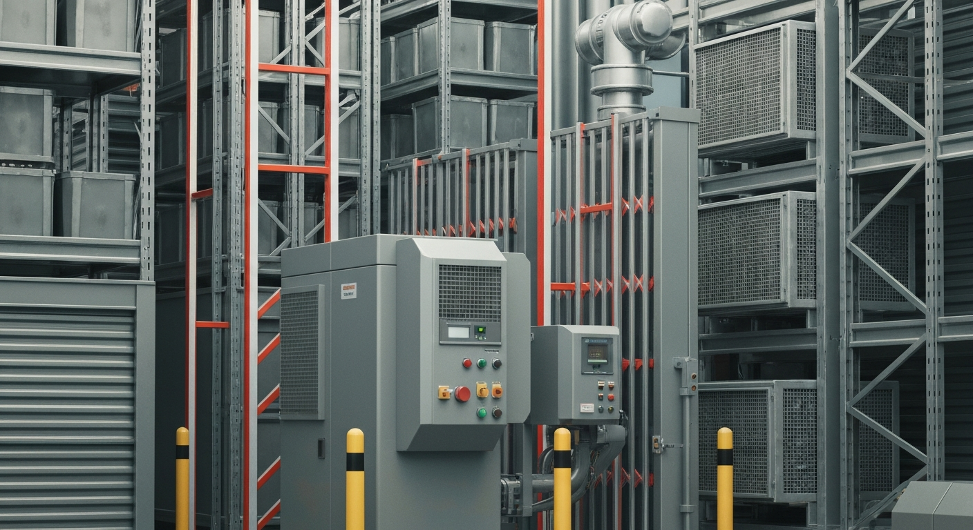 An extreme close-up of various self-storage facility equipment and machinery, including metal shelving units, security gates, and climate control systems, all in a muted, industrial color palette, conveying the scale and complexity of the self-storage industry.