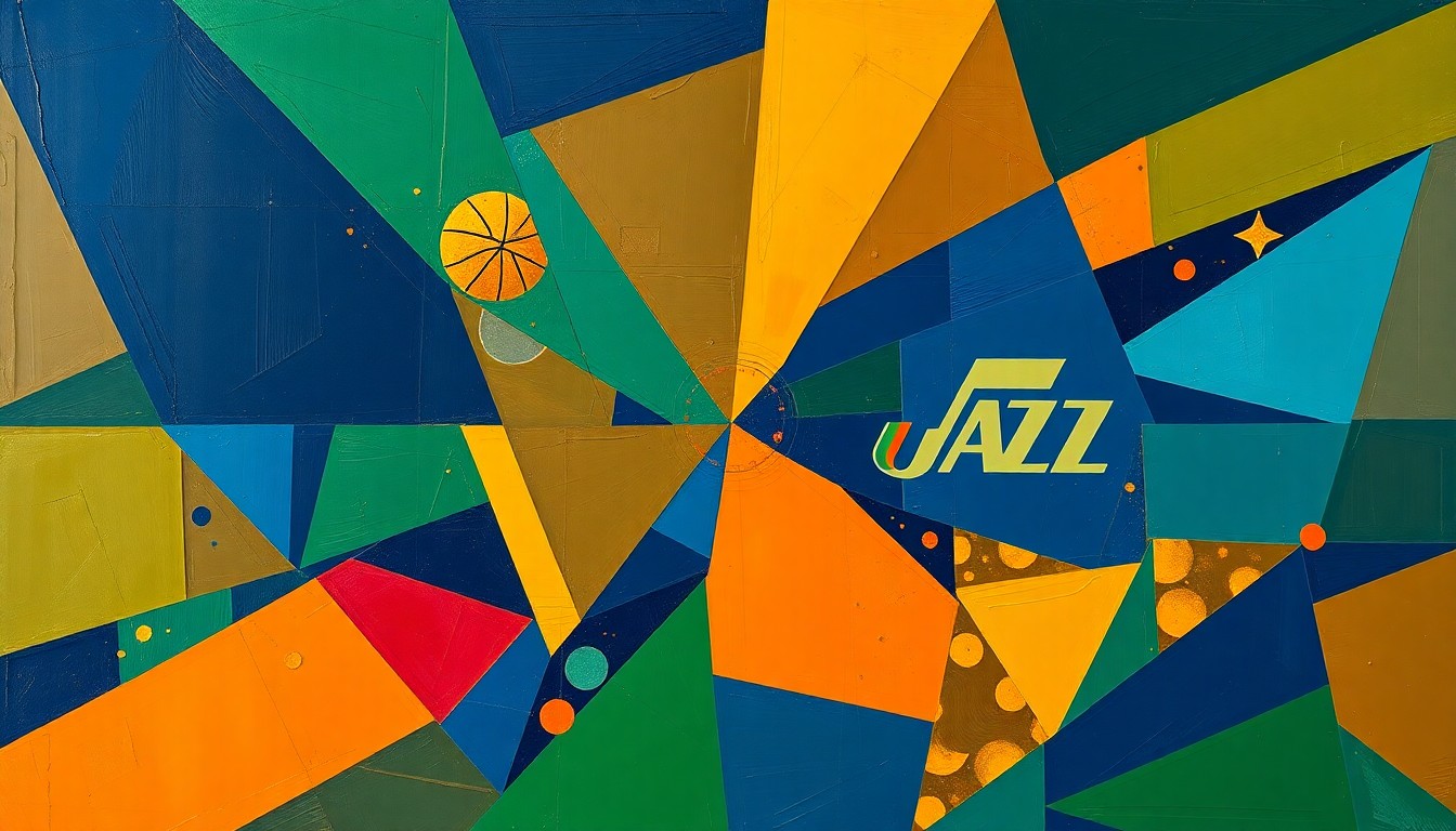 A cubist-style painting featuring overlapping geometric shapes and planes in navy, green, and orange hues, conceptually representing the fragmented and disjointed seasons of the New Orleans Pelicans and Utah Jazz.