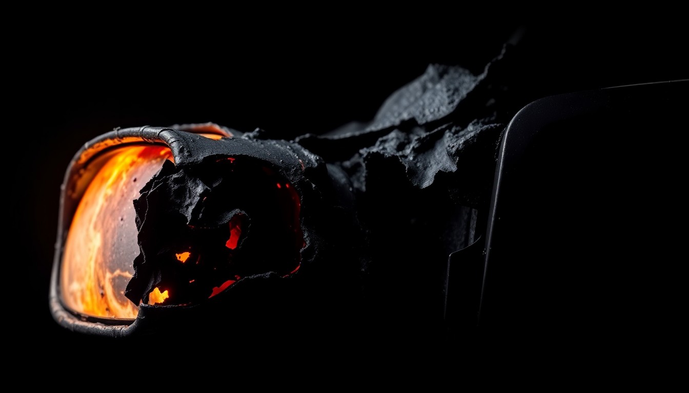 An extreme close-up photograph of a charred and twisted car part, conceptually illustrating the grim aftermath of a fatal highway accident.