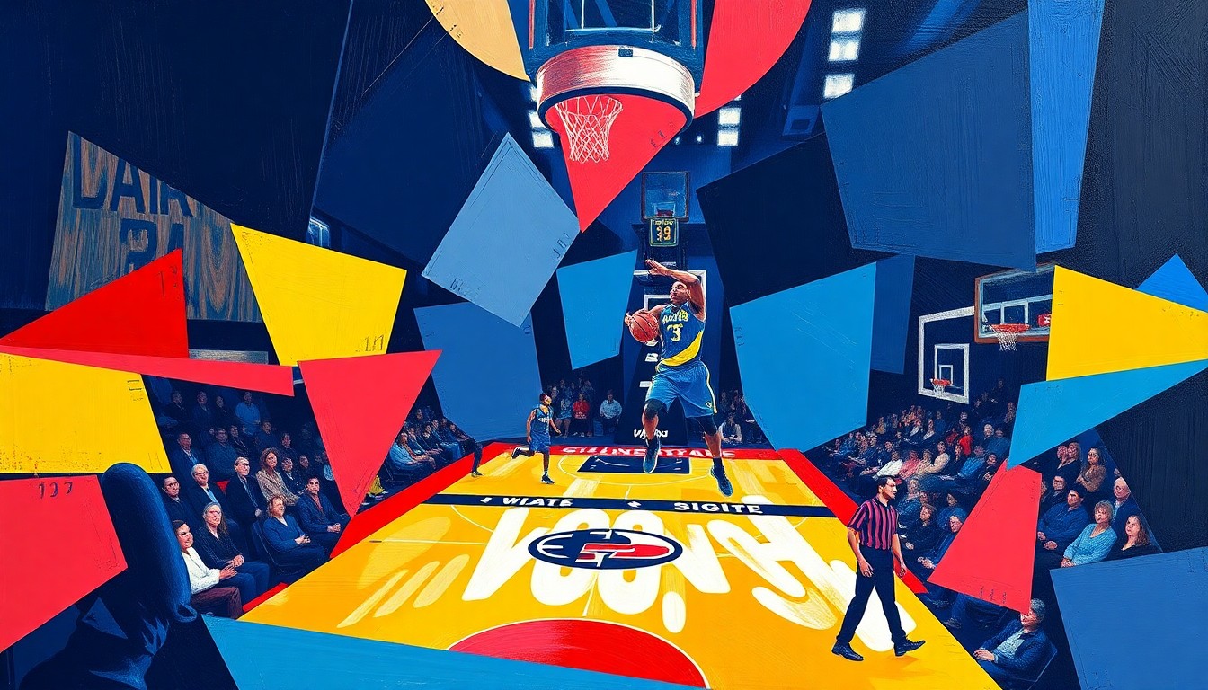 A cubist, geometric painting featuring overlapping planes of navy, crimson, and yellow, conceptually representing the dynamic shifts in the WNBA as a star player changes teams.