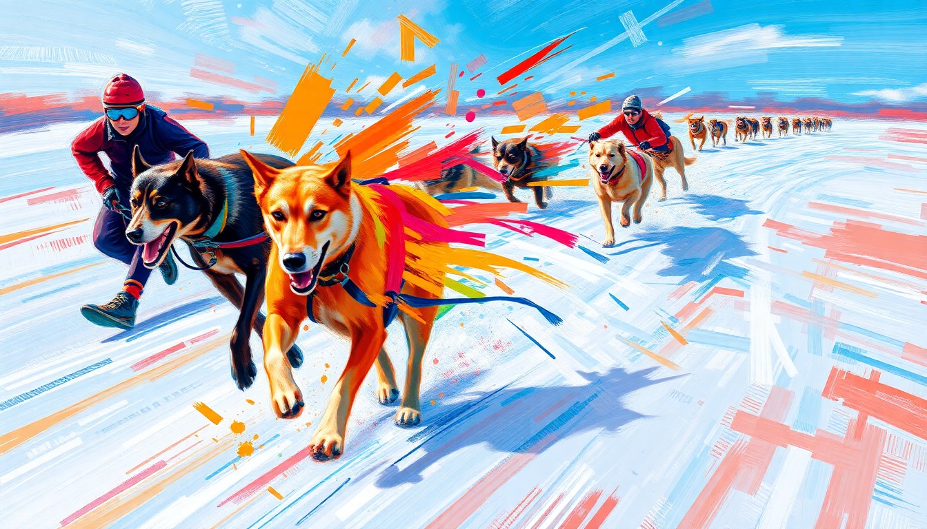 An abstract, expressionist painting featuring blurred, energetic figures of sled dogs and mushers racing through a snowy landscape, with splashes of bright neon colors capturing the raw athleticism of the sport.