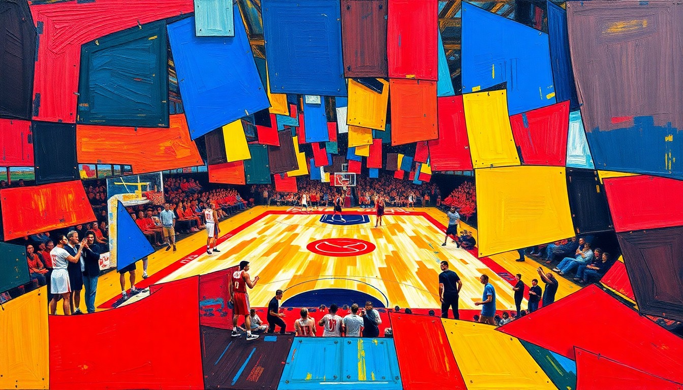 A fragmented, geometric painting depicting a basketball game or match, with sharp planes of color and overlapping perspectives, representing the transition in the Bulls' leadership.