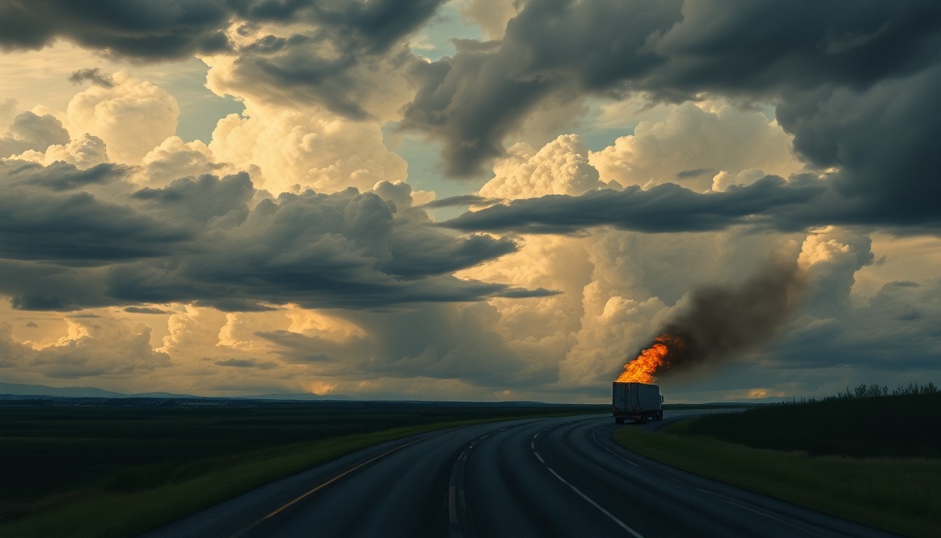 A sweeping, atmospheric landscape painting in muted tones of grey, blue, and orange, with a winding interstate highway cutting through the center of the frame and the faint silhouette of a burning tractor-trailer truck in the distance, dwarfed by the overwhelming scale of the stormy sky above.