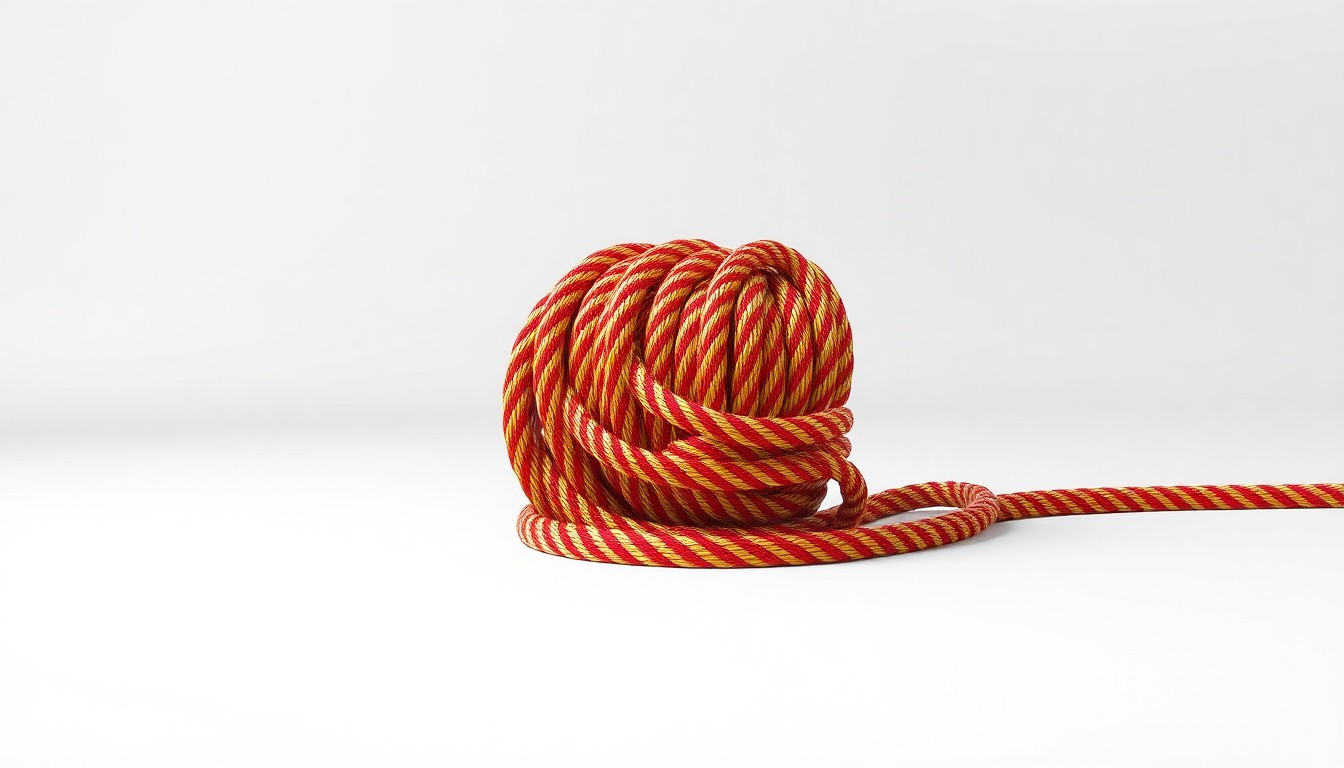 A close-up photograph of a coiled red and gold rope against a plain white background, symbolizing the craftsmanship and durability of New England Ropes' products.