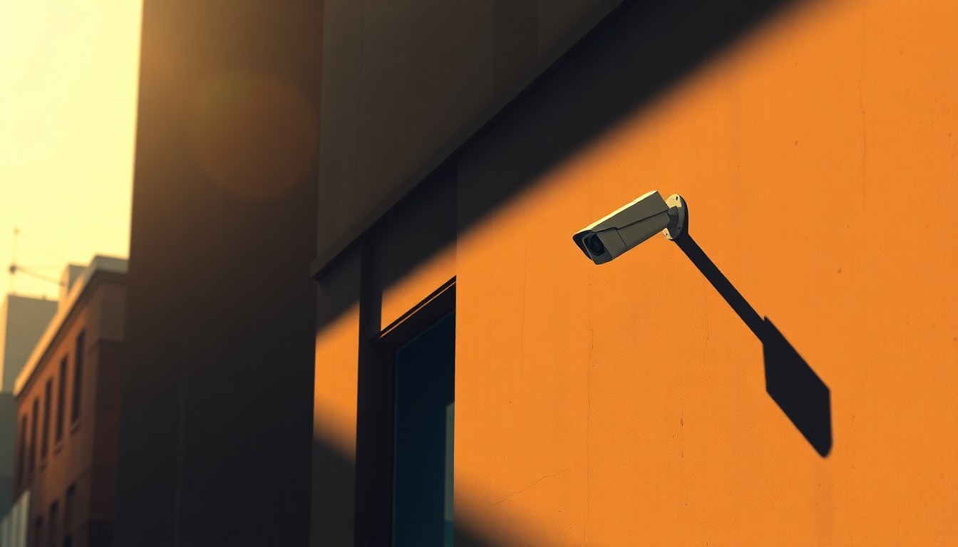 A cinematic painting of a solitary security camera mounted on the side of a building, with warm sunlight and deep shadows, conceptually representing the importance of video evidence in exposing the truth about the ICE incident.