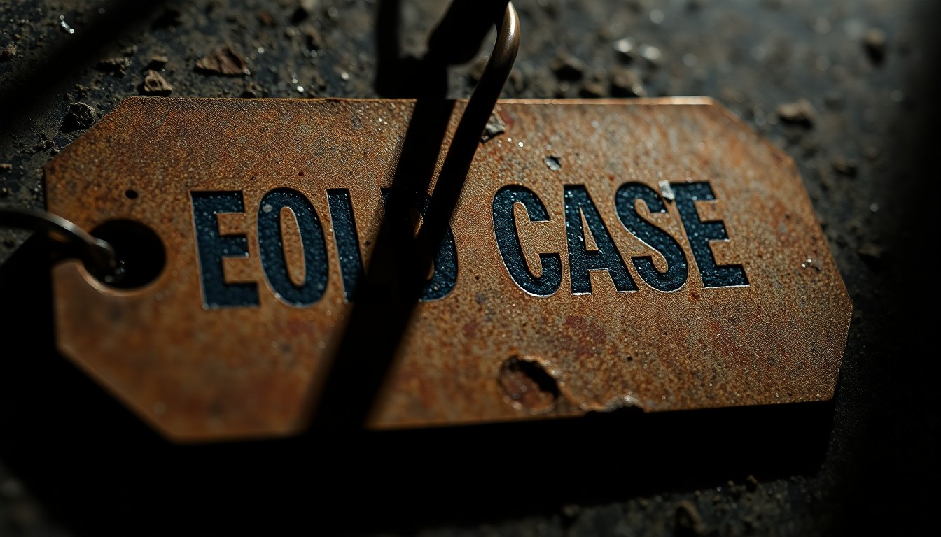 An extreme close-up of a tarnished metal evidence tag, partially obscured by shadows, conveying the somber, investigative nature of this cold case crime.