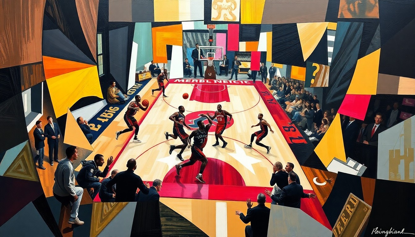 A cubist, geometric painting depicting the dynamic movements and energy of a basketball game between the Toronto Raptors and Miami Heat, with overlapping planes of color and shape representing the action on the court.