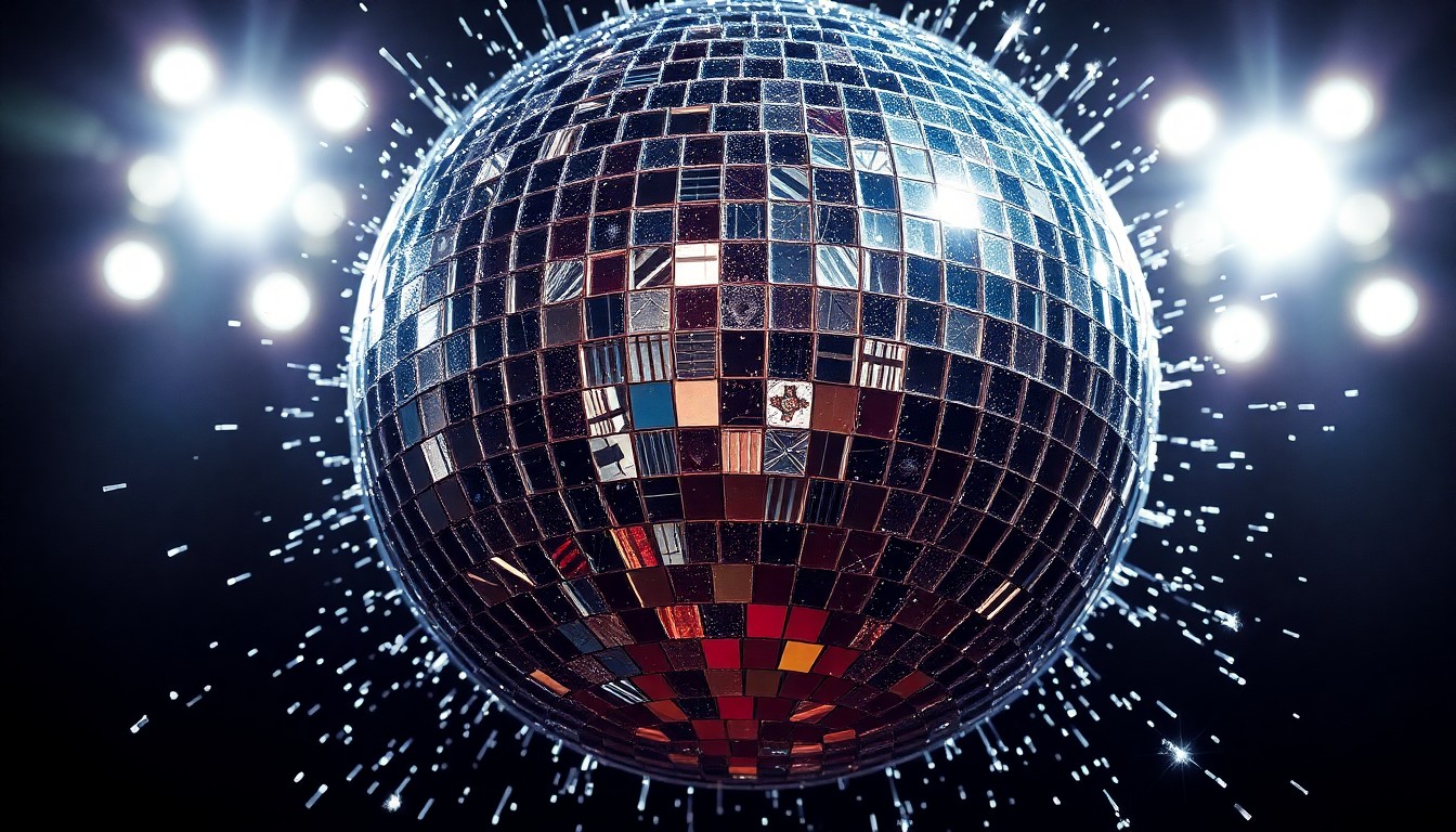 An extreme close-up photograph of a shattered, glittering disco ball in dramatic high-contrast studio lighting, conceptually representing the glamour and spectacle of the Marvel Cinematic Universe.