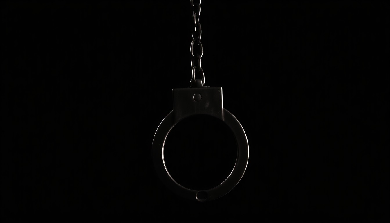 An extreme close-up photograph of a single handcuff against a pitch-black background, lit by a harsh, direct camera flash, conceptually representing the grim realities of a violent crime investigation.