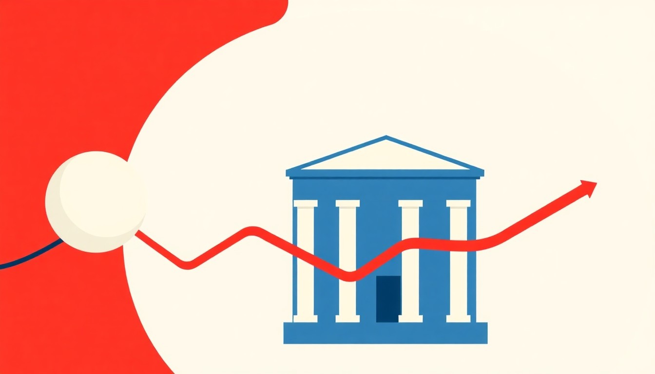 An abstract illustration composed of overlapping triangles and rectangles in shades of red, blue, and yellow, conveying the complex economic forces the Federal Reserve must navigate.