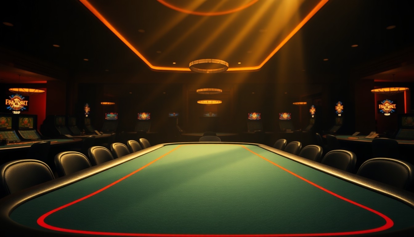 A moody, cinematic painting of an empty casino gaming table in warm, golden light and deep shadows, conceptually representing the legal battle over tribal gaming rights.