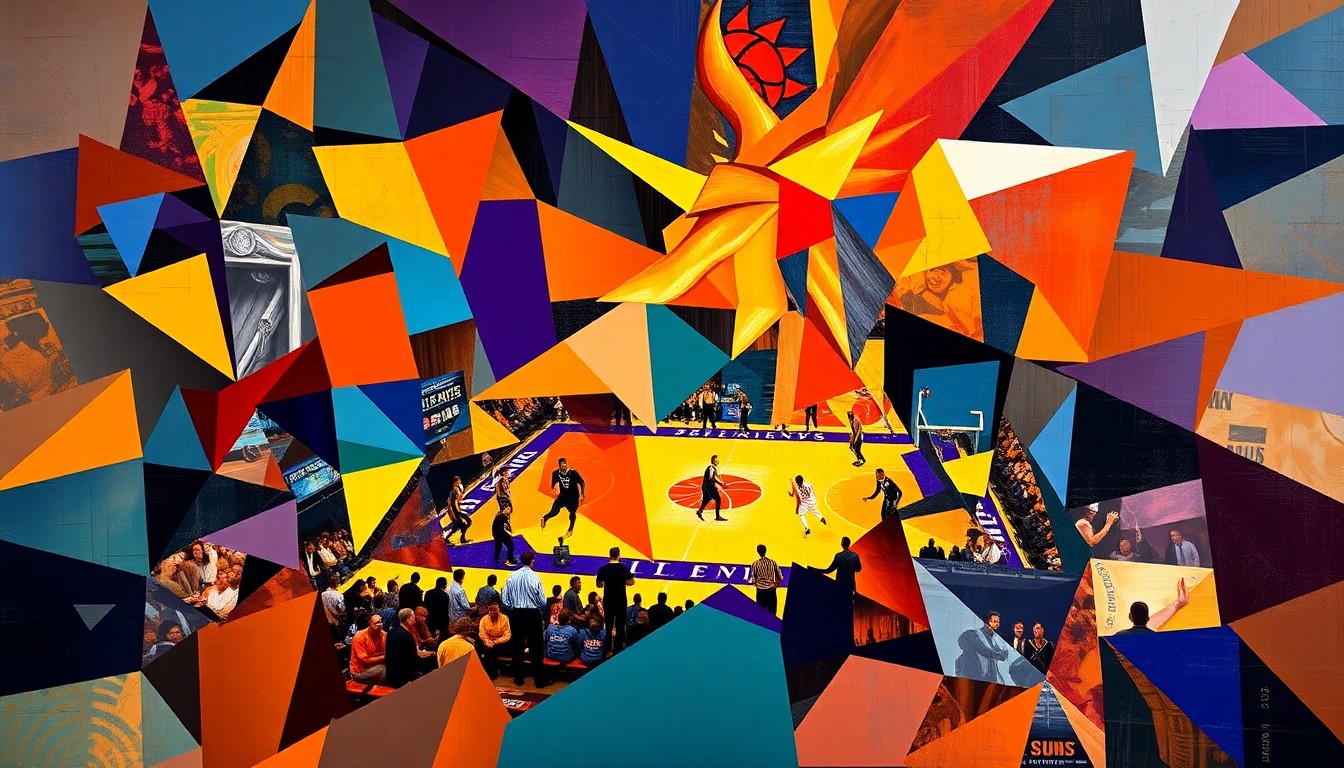 A cubist, geometric painting depicting the dynamic movements and energy of a basketball game, with sharp, overlapping planes of bright orange, purple, and teal colors representing the Phoenix Suns and their opponent.