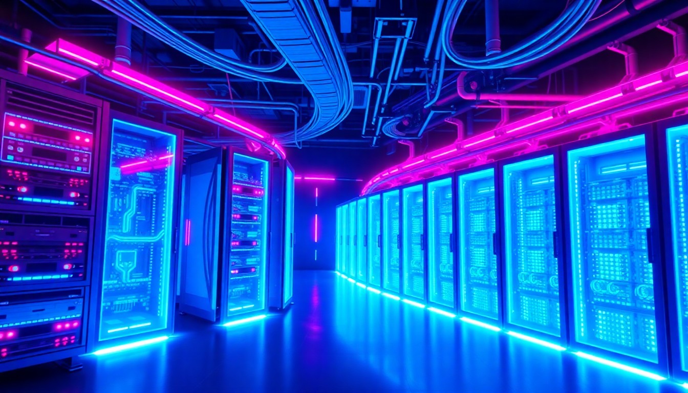 A highly detailed 3D illustration of glowing, illuminated data center hardware and infrastructure components, including server racks, cooling systems, and fiber optic cables, set against a dark, moody background. The neon cyan and magenta lighting creates a sense of high-tech energy and digital power.
