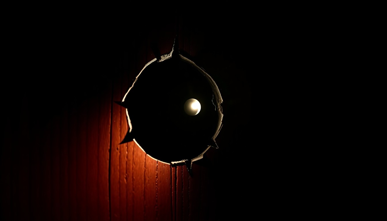 An extreme close-up photograph of a bullet hole in a wooden door, lit by a harsh, direct camera flash against a pitch-black background, conveying a stark, gritty, investigative aesthetic.