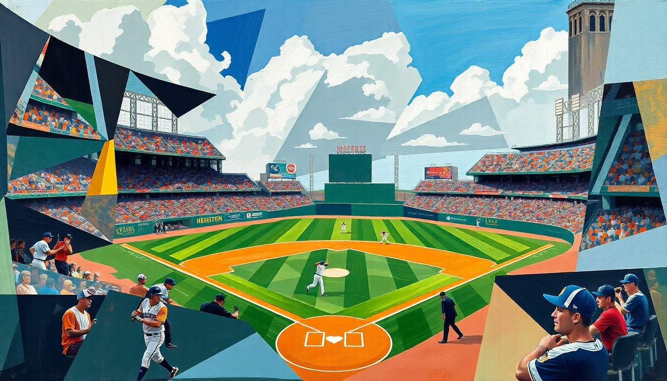 A fragmented, geometric painting depicting the abstract forms of baseball players and a playing field, conveying the dynamic energy and movement of the sport.
