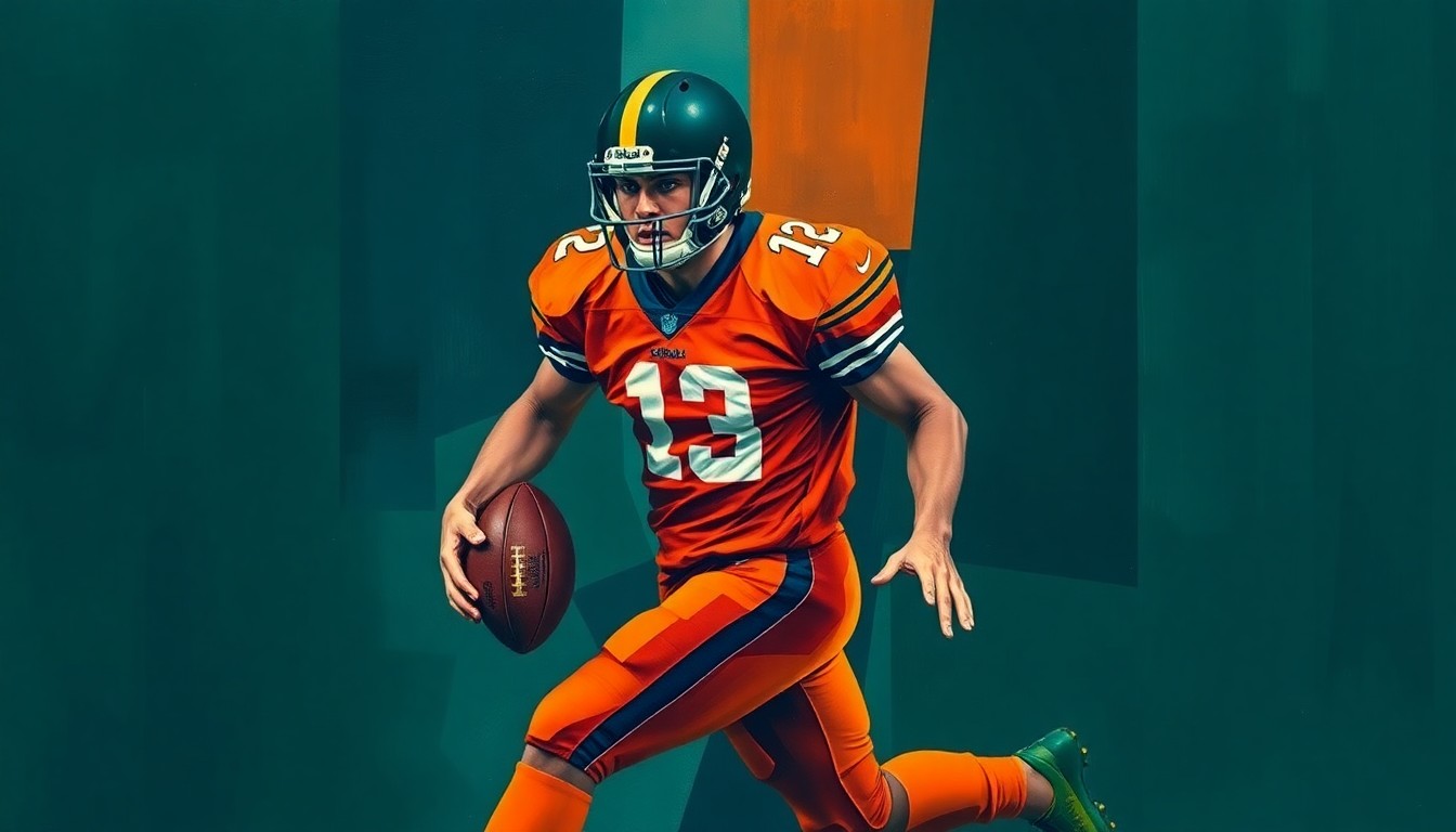 A fragmented, geometric painting depicting a football player in motion, with sharp, overlapping planes of navy, green, and orange, conveying the dynamic transition the Ravens are undergoing.