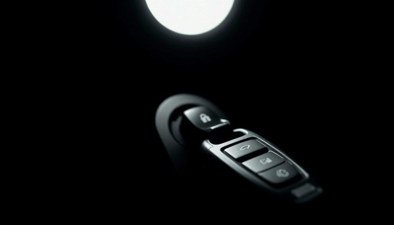 An extreme close-up photograph of a car key and ignition switch against a pitch-black background, lit by a harsh, direct camera flash, conceptually illustrating the legal consequences of drunk driving.