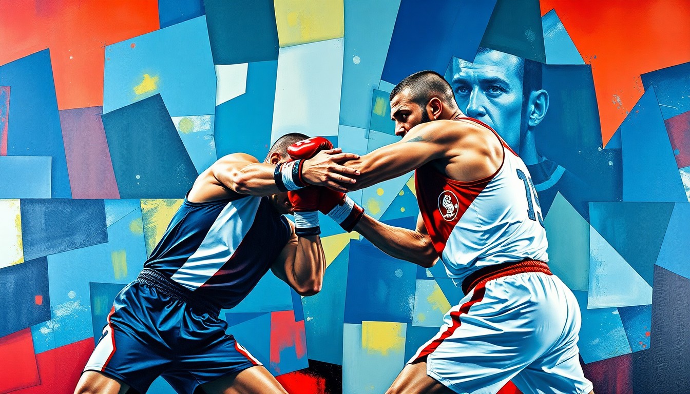 A cubist, geometric painting depicting the dynamic movements and intense action of a mixed martial arts fight, with the fighters' uniforms represented in bold, overlapping shapes and colors.
