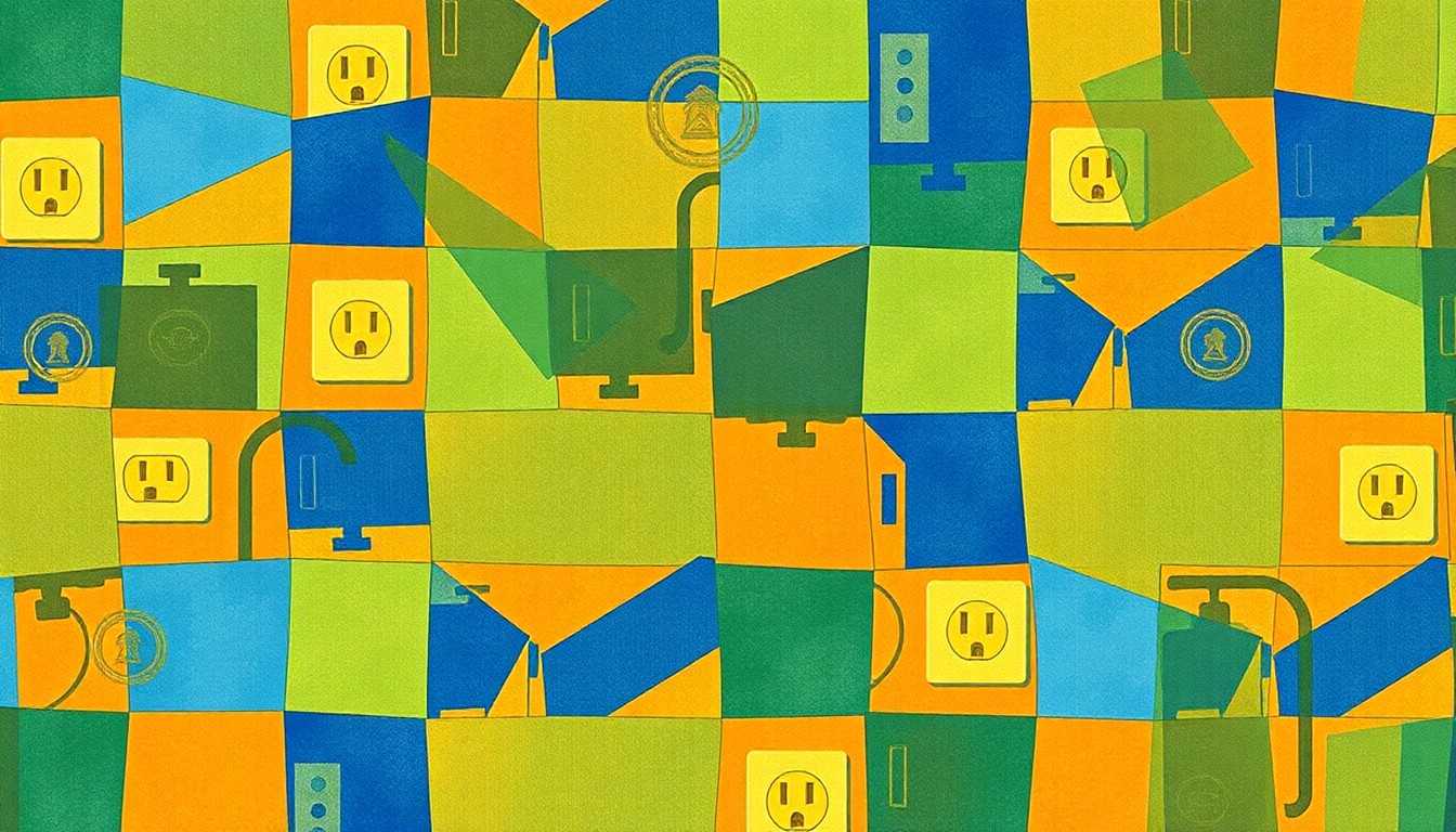 A fractured, abstract painting in shades of blue, green, and orange depicting an overlapping, repeating pattern of natural gas appliances and electrical outlets, conceptually representing the clash between fossil fuels and electrification in Bend's energy transition.