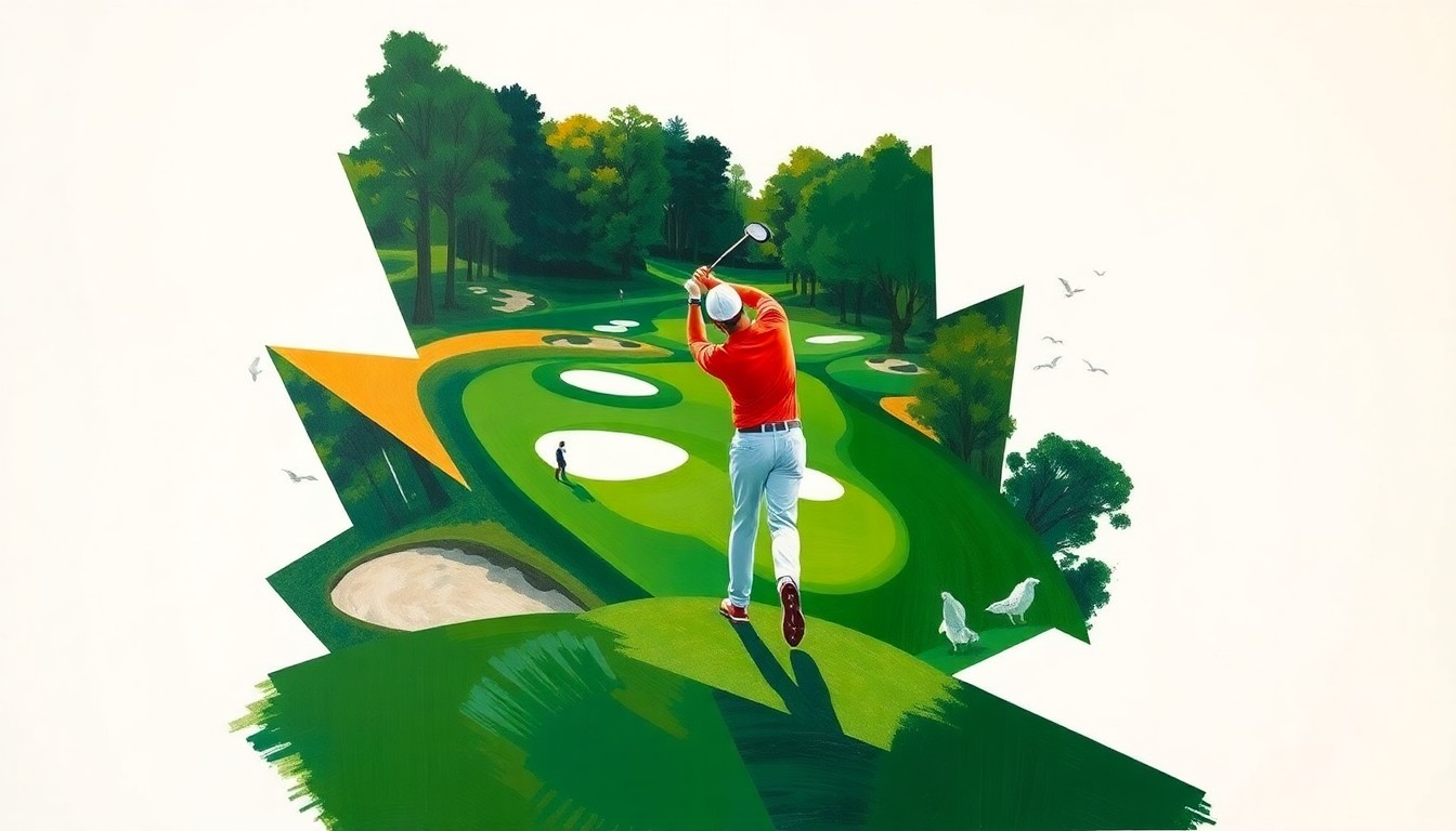 A fragmented, multi-angled painting depicting the motion and energy of a golfer's swing on the Augusta National course, rendered in a cubist style using sharp, overlapping geometric shapes and planes in shades of green, brown, and white.