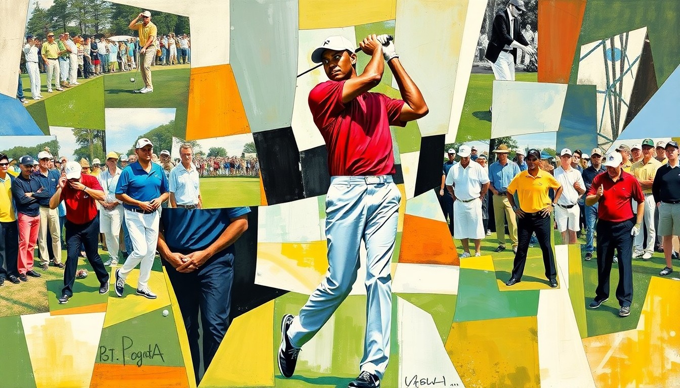 A cubist, geometric painting depicting fragmented, overlapping forms representing golfers and their equipment, conveying the tension and uncertainty surrounding Tiger Woods' ongoing recovery and potential return to the game.
