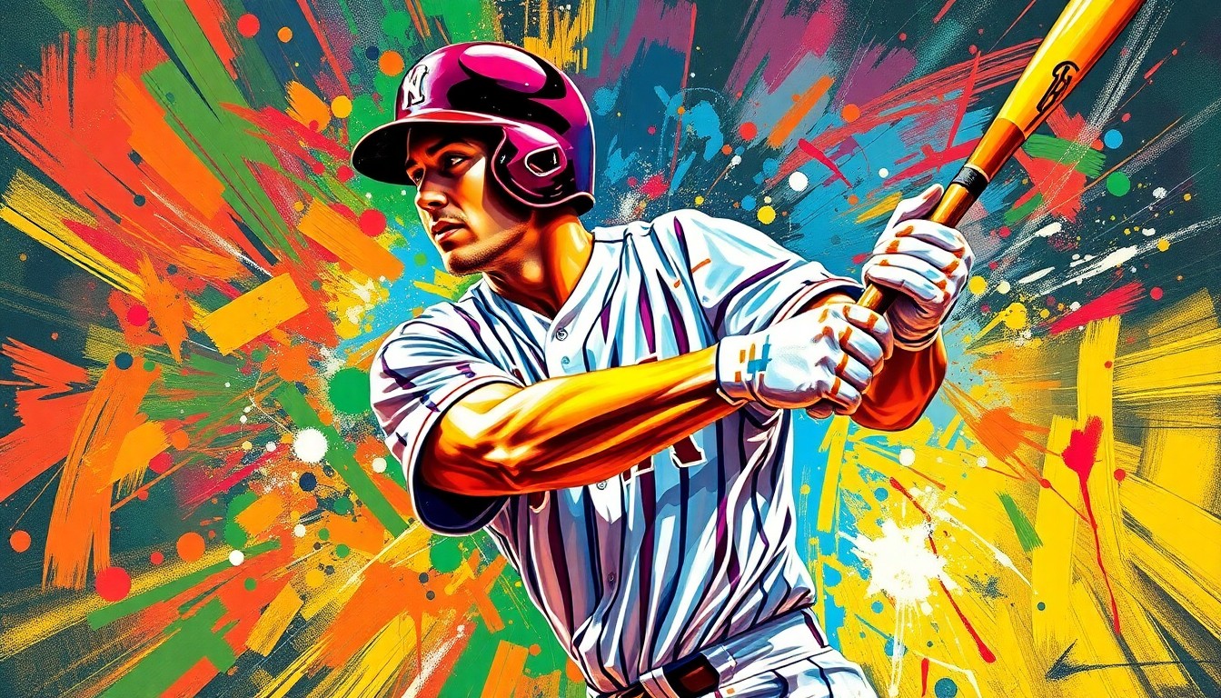 An abstract, expressionist painting featuring bold, neon-colored brushstrokes that capture the dynamic motion and energy of a baseball player's batting swing, with the player's face and uniform details dissolved into unrecognizable splashes of color.