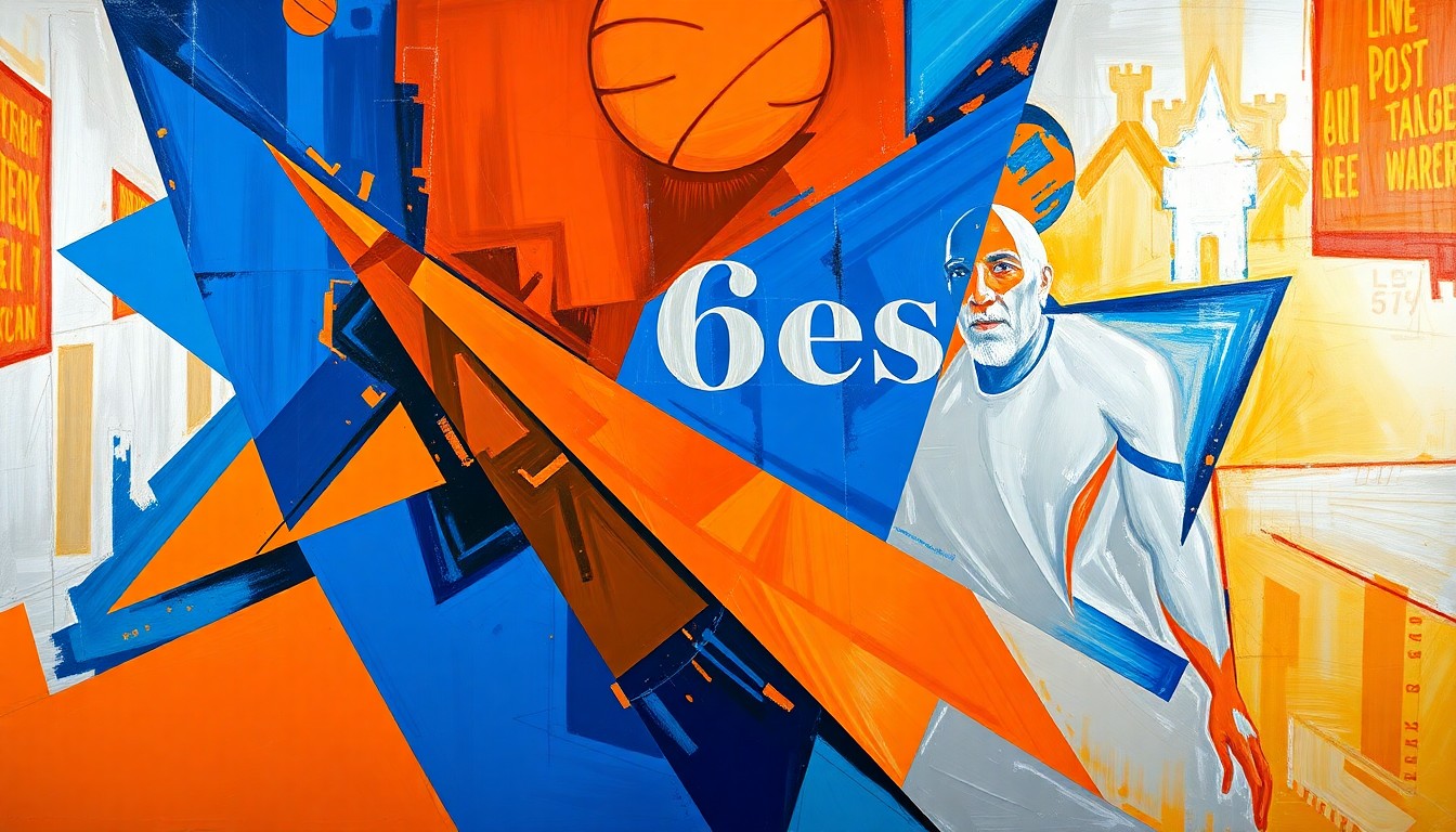 A fragmented, geometric painting in bold colors depicting a basketball game in motion, with sharp planes and overlapping shapes representing the 76ers' dynamic style of play.