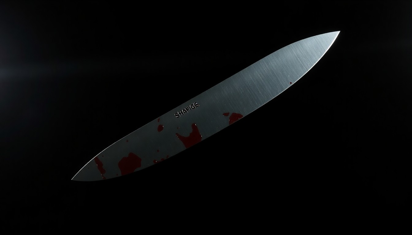 An extreme close-up of a single bloodied knife blade, the harsh flash lighting creating a stark, gritty, investigative aesthetic that conceptually represents the violent crime at the center of this news story.