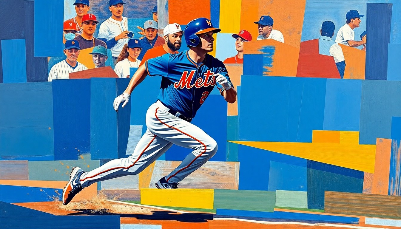 A cubist-style painting depicting a baseball player running the bases, broken down into overlapping geometric shapes in the Mets' team colors of blue and orange.