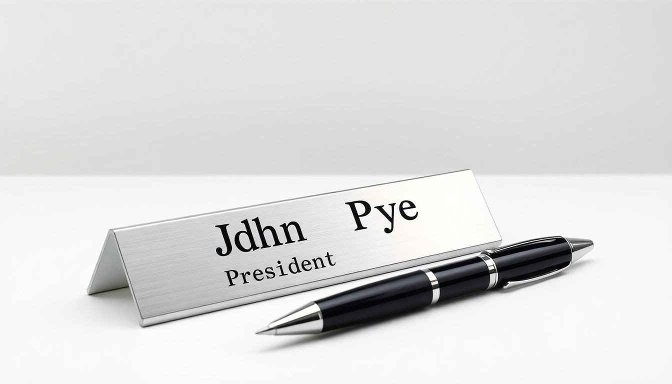 A minimalist studio still life photograph featuring a polished metal desk nameplate with the words 'John Pye, President' and a sleek black pen, conveying a sense of professionalism and corporate transition.