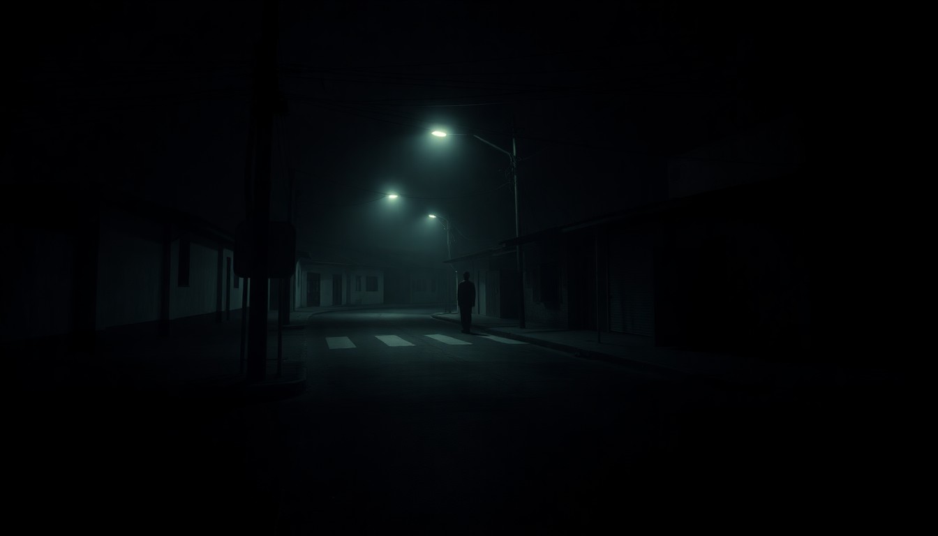 A dimly lit, cinematic street scene in Port-au-Prince, Haiti, with a lone figure in the distance, conveying a sense of unease and uncertainty following the presidential assassination.