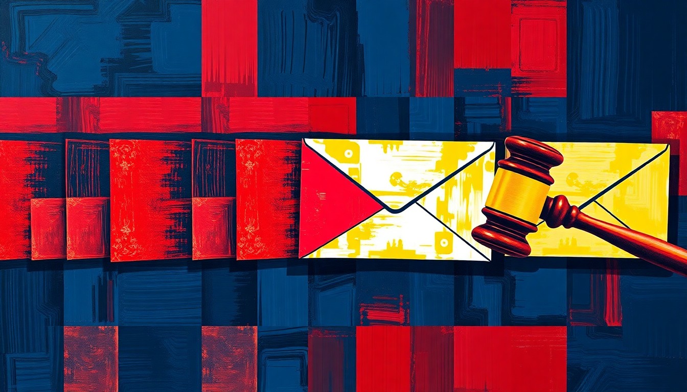 An abstract, fragmented painting of overlapping shapes and lines in shades of blue, red, and yellow, conceptually representing the political tension and urgency around voting rights issues.