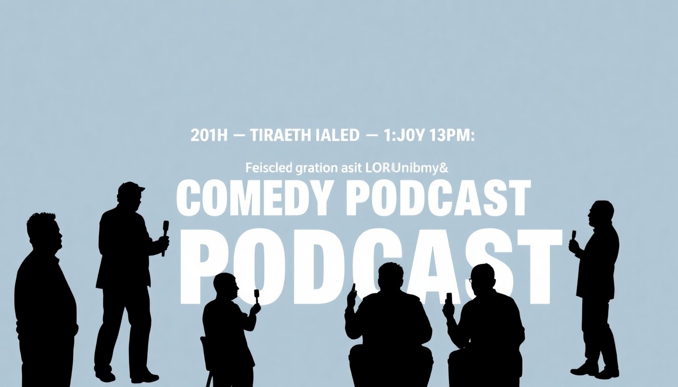 An abstract illustration featuring bold, jagged black silhouettes and high-contrast solid colors in shades of red, white, and black, conceptually representing the anniversary of a long-running comedy podcast.