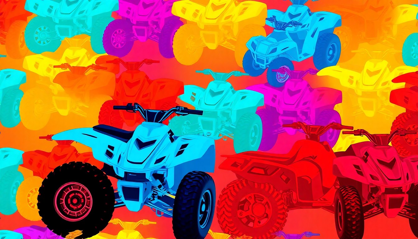 A bold, colorful silkscreen illustration depicting an ATV or UTV vehicle repeated in a grid pattern, conceptually representing the popularity and importance of safe operation of these powerful machines.