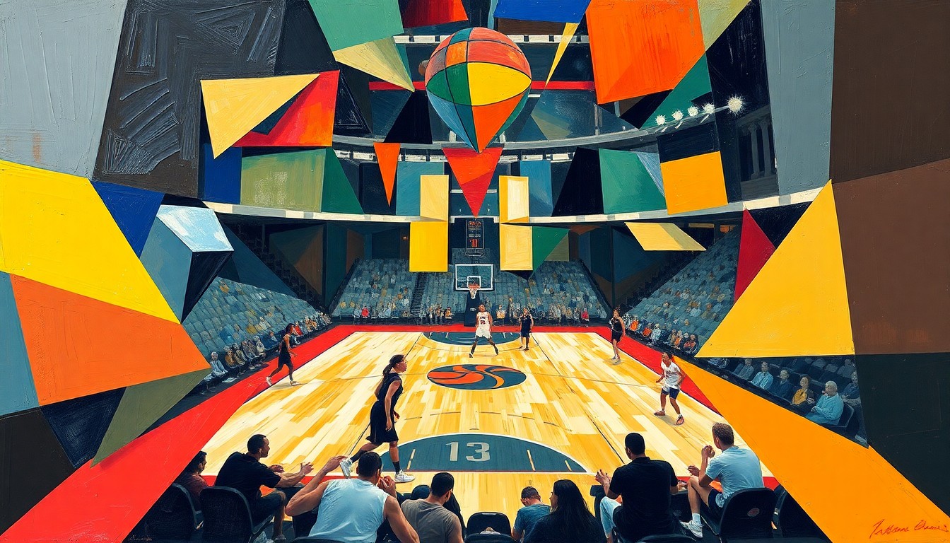 A cubist, geometric painting depicting the fragmented movements and perspectives of a WNBA basketball game, conceptually representing the rebuilding process the Chicago Sky faces after trading away a key player.