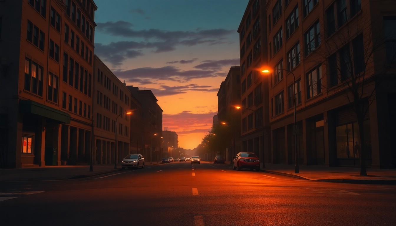 A dimly lit urban street scene with a single parked car, the warm glow of streetlights casting long shadows across the pavement, creating a contemplative, cinematic mood that reflects the political uncertainty surrounding the mayoral race.