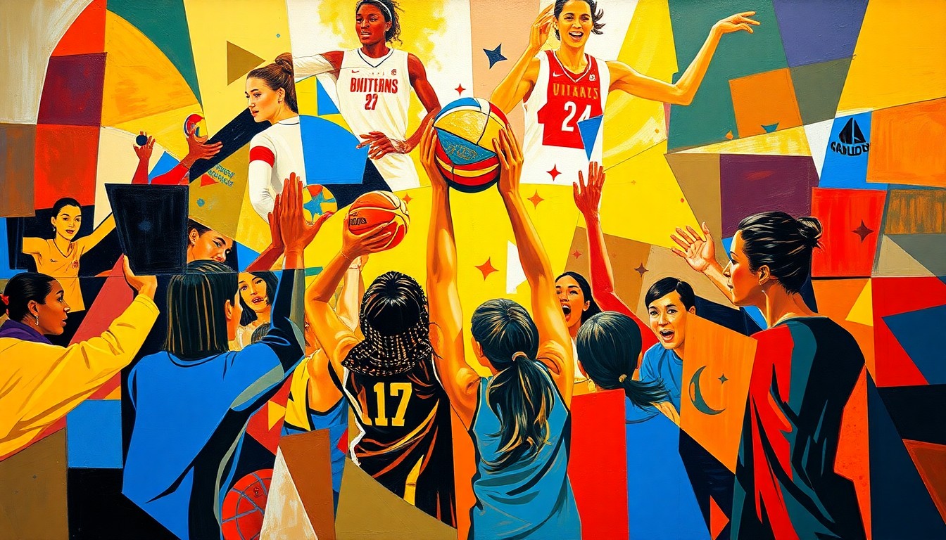 A cubist, geometric painting depicting the celebratory energy of a women's basketball championship, with overlapping planes of bright colors representing the collaborative spirit of the sport.