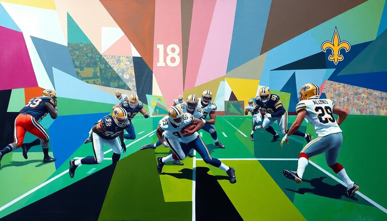 A fractured, cubist-style painting depicting a football running play, with the players and field broken down into sharp, overlapping geometric shapes in the team colors of the Saints and their opponent.