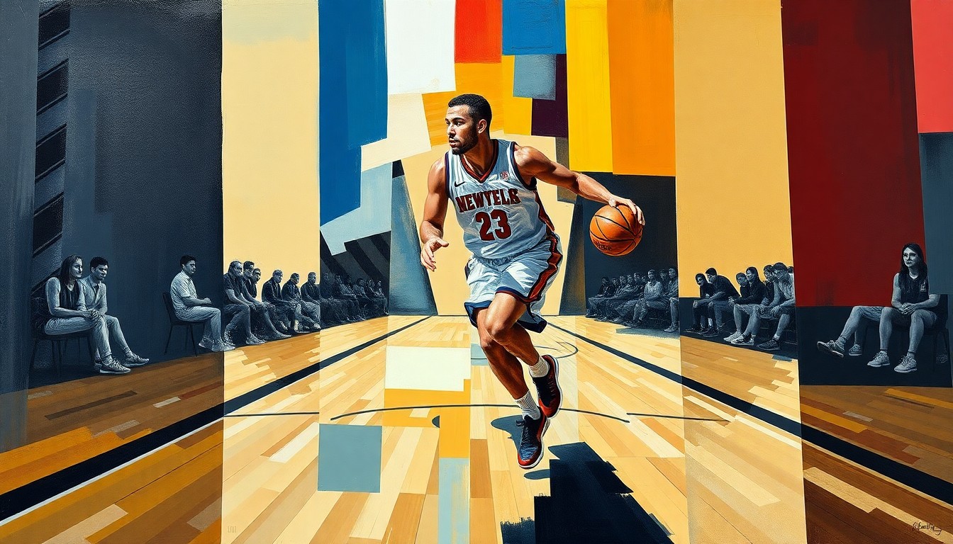 A cubist-style painting depicting a basketball player in motion, with the figure broken down into overlapping geometric shapes and planes of color, conveying the disruption and transition facing the Indiana basketball program.