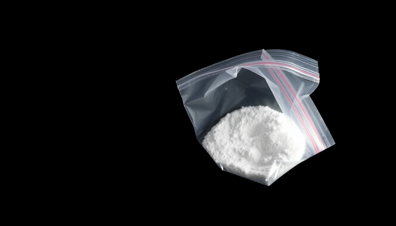 An extreme close-up photograph of a small plastic bag containing an unidentified white powder substance, creating a stark, gritty, investigative aesthetic through the use of harsh, direct lighting.