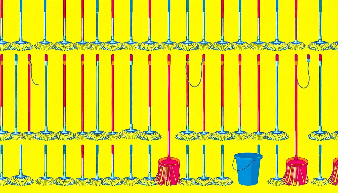A bold, colorful silkscreen print featuring a repeating pattern of a janitorial mop and bucket, conceptually representing the vital but often overlooked work of school facilities staff.